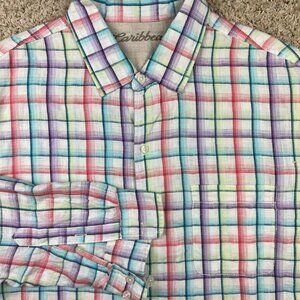 Caribbean Linen Blend Button Up Shirt XL Long Sleeve Colorful Blue Red Yellow